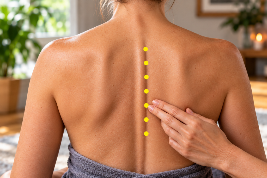 Close-up of a back with a column of yellow dot markers half a thumb-width to one side of the spine in the mid back, indicating the Jiaji points.