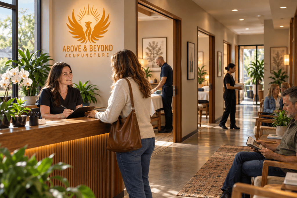 Busy modern acupuncture clinic representing the growth of acupuncture into an established American healthcare industry.