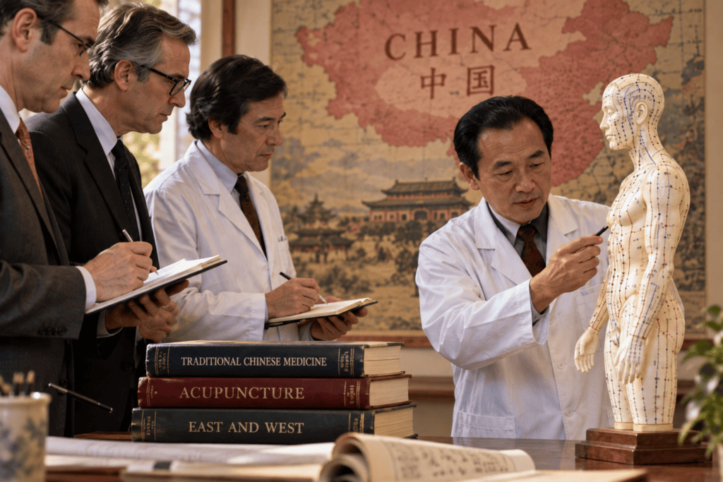 Chinese acupuncture physician demonstrating meridian points on an acupuncture model to American doctors and researchers.