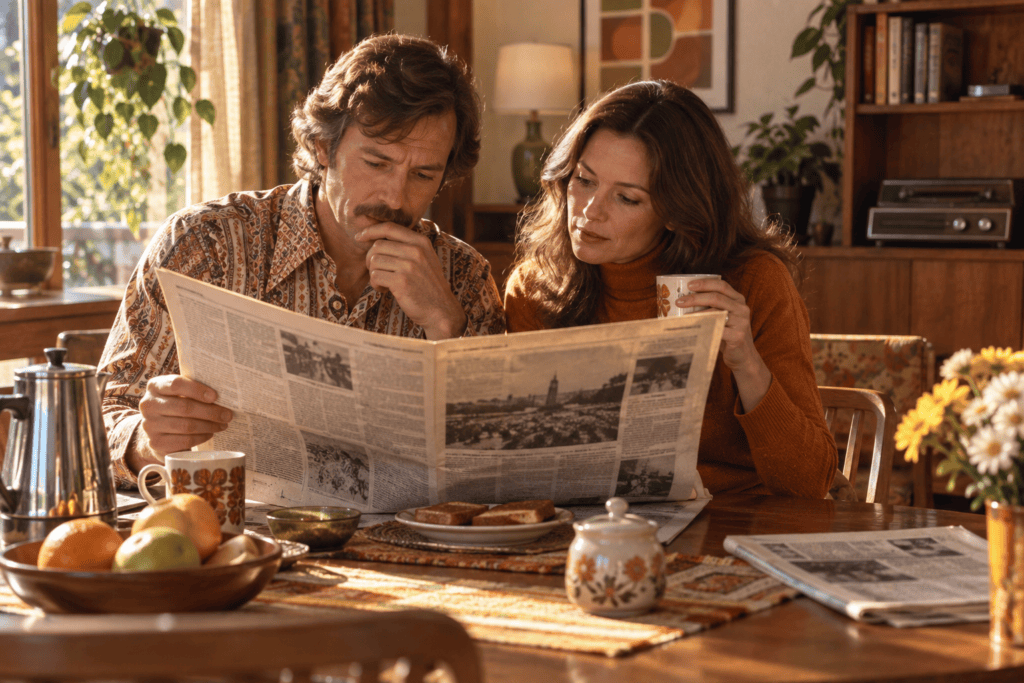 Americans reading a newspaper in a 1972 home as acupuncture begins receiving national media attention.