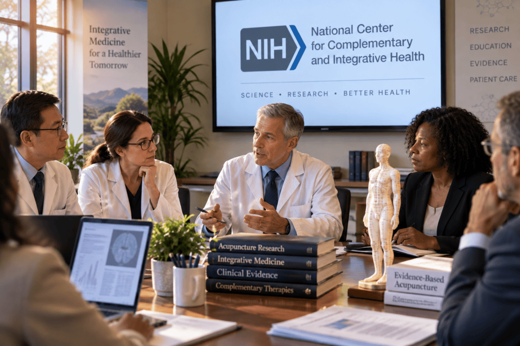 Medical researchers and healthcare professionals discussing acupuncture research and scientific evidence in a formal clinical conference setting.