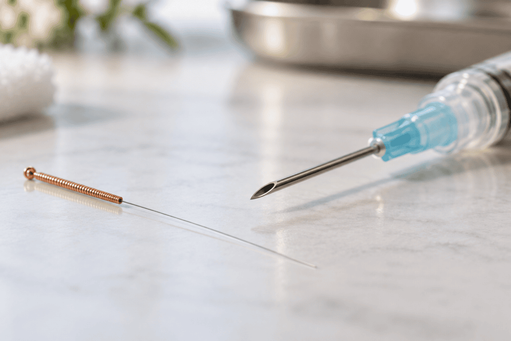 Fine acupuncture needle beside a much thicker hypodermic needle showing the difference in size.