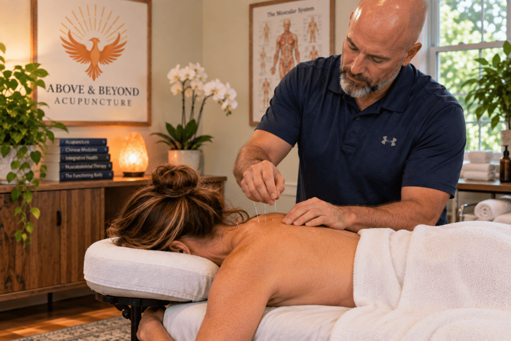 Woman lying face down receiving acupuncture in her right shoulder for frozen shoulder pain and stiffness.