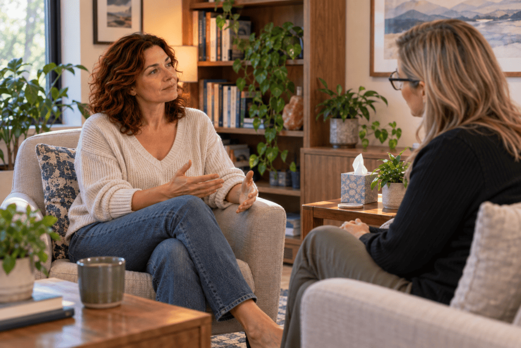 Woman speaking with a mental health professional as part of a comprehensive approach to trauma recovery.