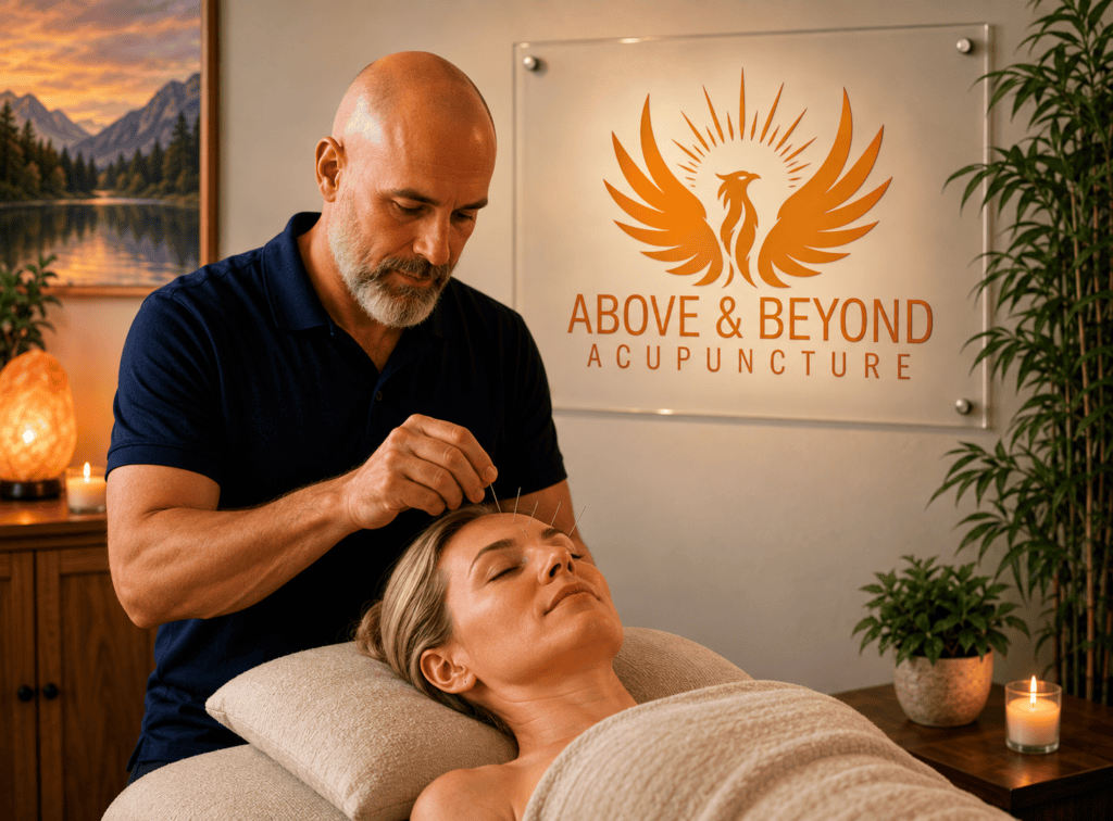 Woman receiving facial acupuncture from an acupuncturist at Above & Beyond Acupuncture.