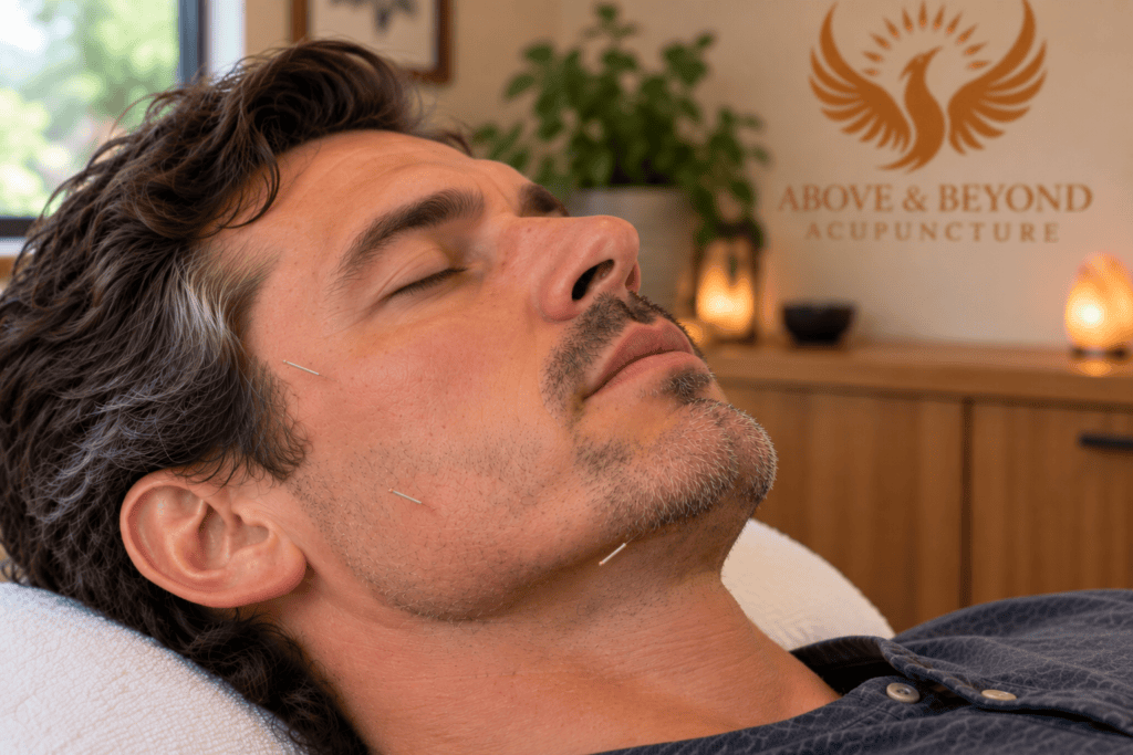 Close-up of a man receiving acupuncture with a few fine needles placed around the jaw and cheek for chronic jaw tension.