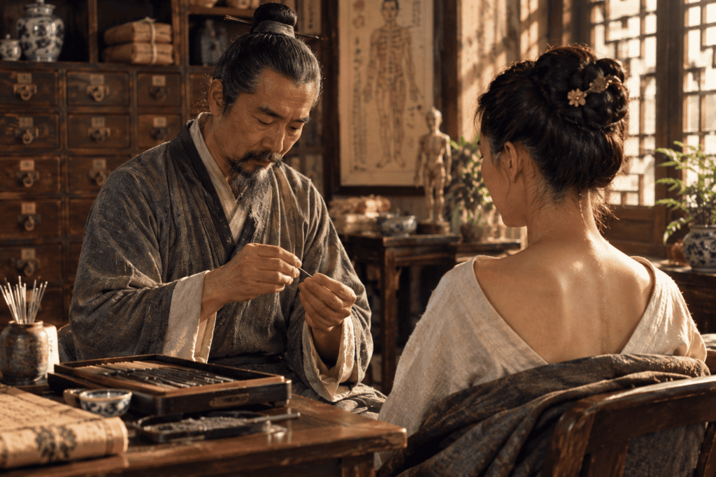 Historical reconstruction of a traditional Chinese medicine practitioner preparing acupuncture needles for a patient.
