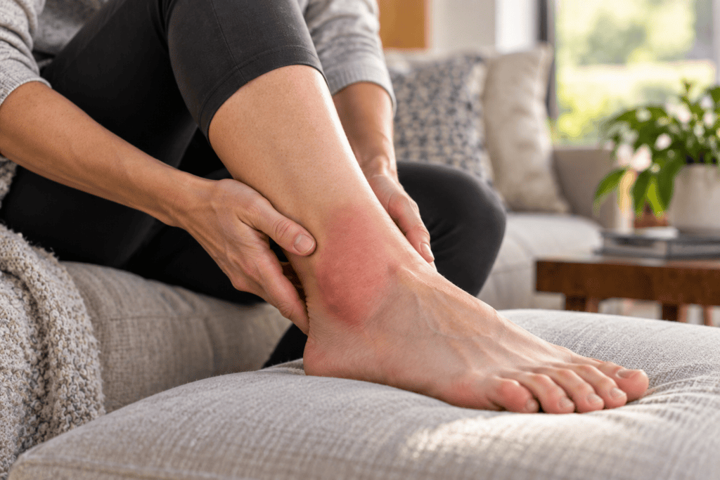 Mildly swollen and reddened ankle illustrating the body’s acute inflammatory response after an injury.