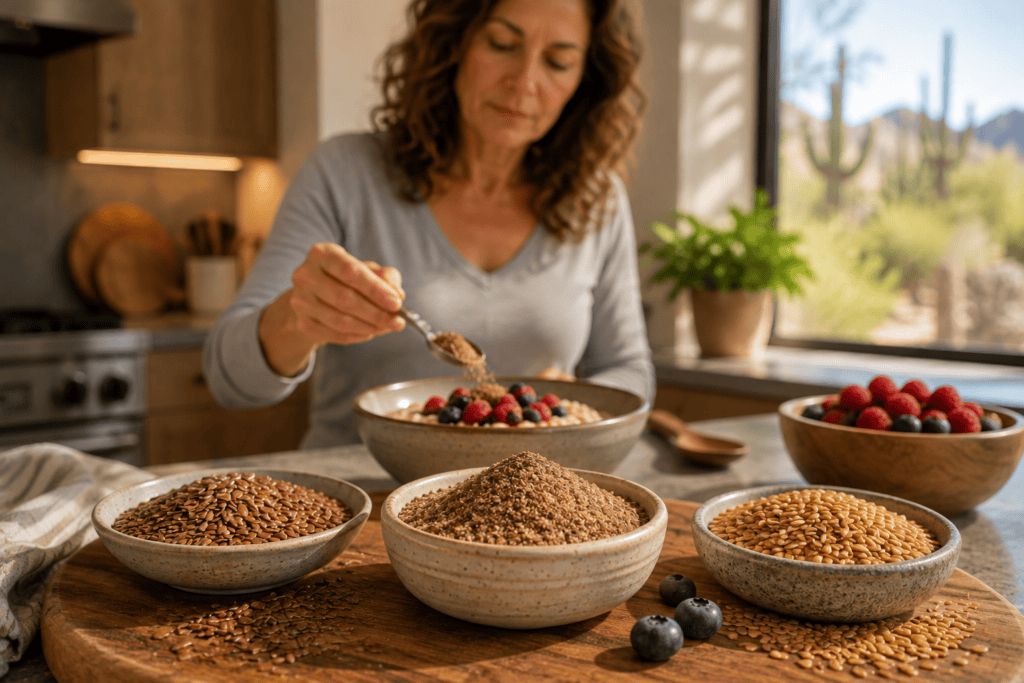 Ground flaxseed and whole flax seeds beside a bowl of oatmeal with berries.