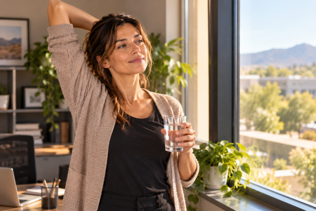 Person standing at a sunny office window stretching tall with a glass of water, alert and refreshed.