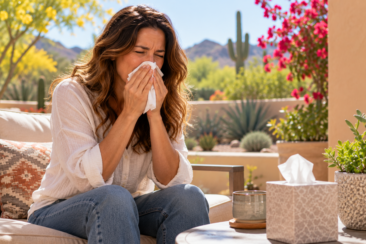 Woman on a sunny desert patio holding a tissue to her nose mid-sneeze, eyes watering.