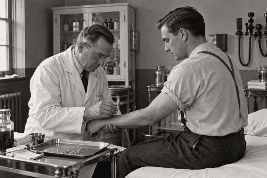 Archival-style reconstruction of an early American physician investigating needle therapy during the early 20th century.