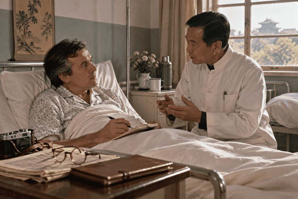Historical reconstruction of an American journalist speaking with a Chinese physician in an early 1970s hospital.