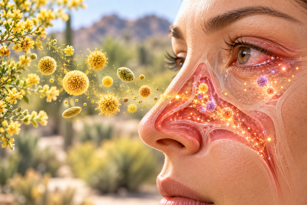 Illustration of pollen grains drifting toward a stylized nose and eye.