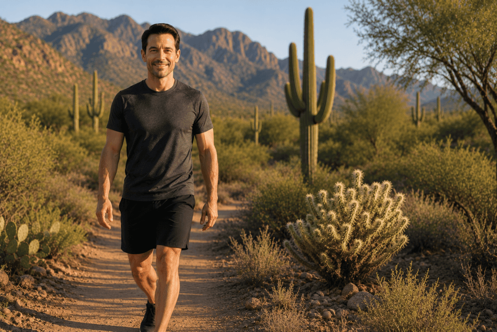 Man walking comfortably along a Scottsdale desert trail several days after cupping treatment.