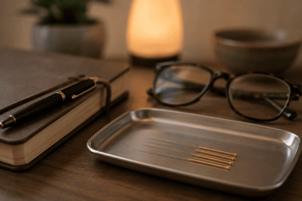 Fine acupuncture needles on a clean tray beside a journal and reading glasses.