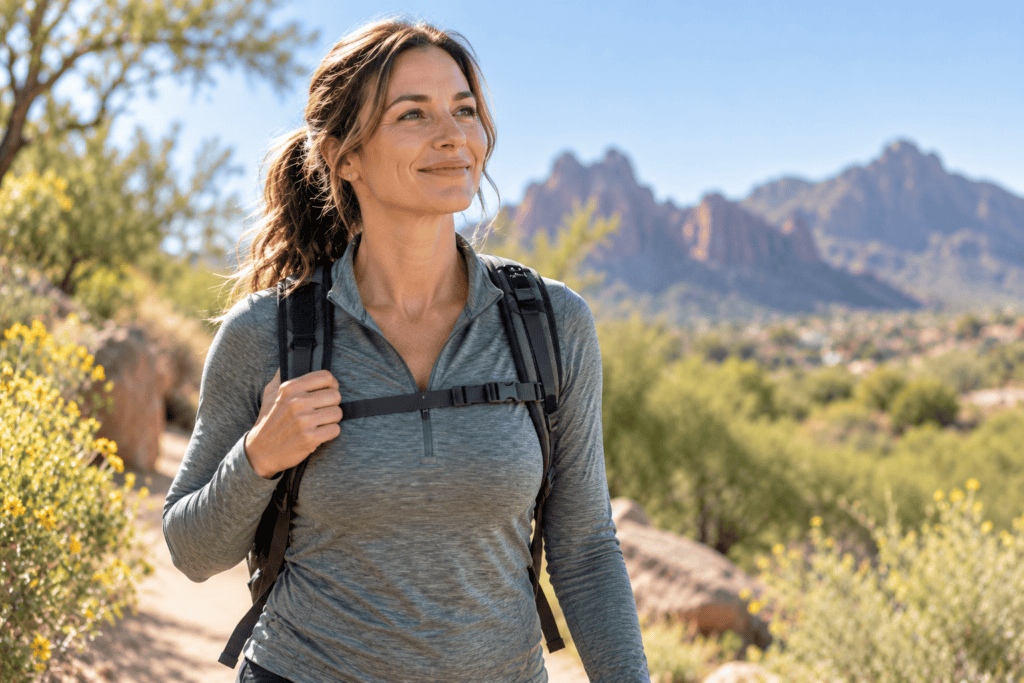 Healthy, energized person outdoors in bright daylight, looking well and full of vitality.