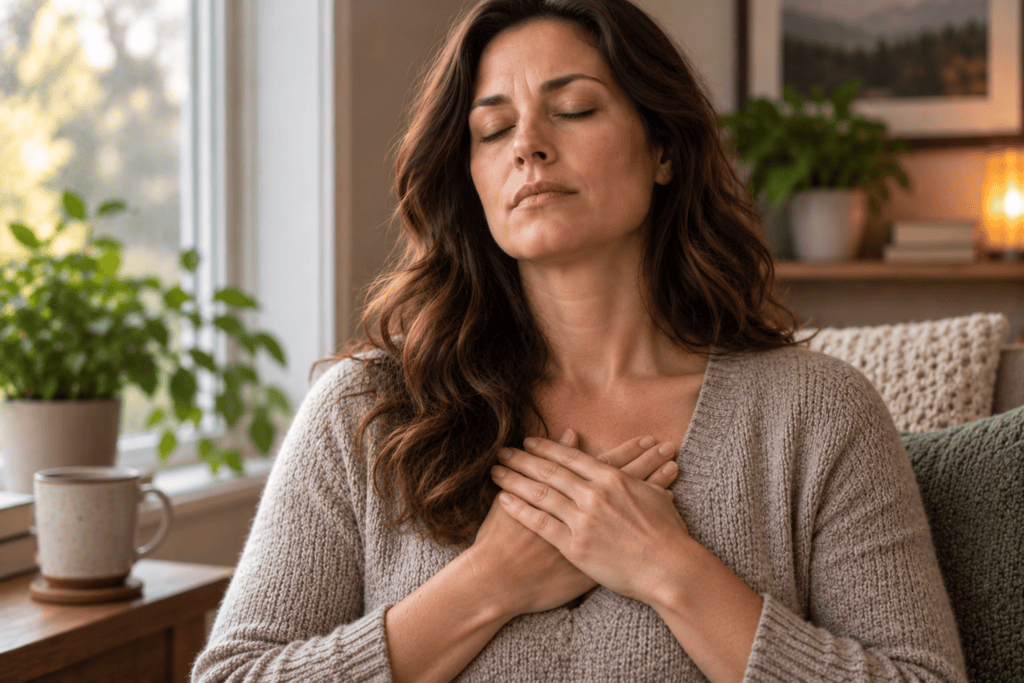 Person gently pressing the center of their chest with eyes closed, breathing slowly to release resentment.