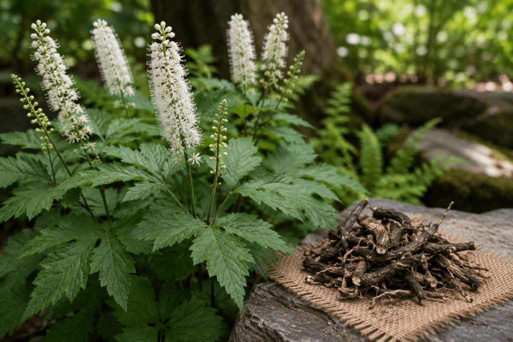 Black cohosh plant with white flowers and dried root traditionally used in herbal preparations.