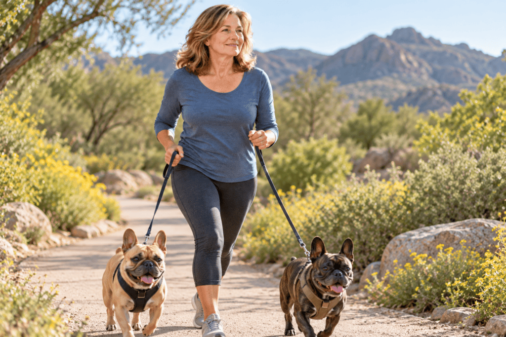 Person walking comfortably on a gentle outdoor trail, breathing easily with relaxed shoulders.