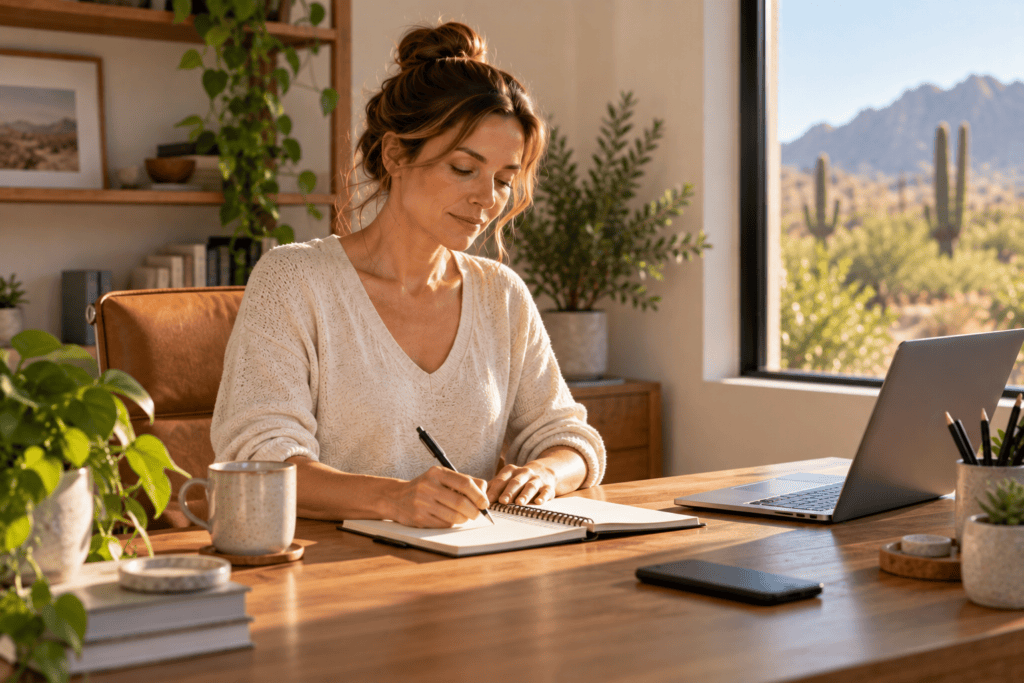 Woman working with calm concentration at her desk after taking time to meditate.
