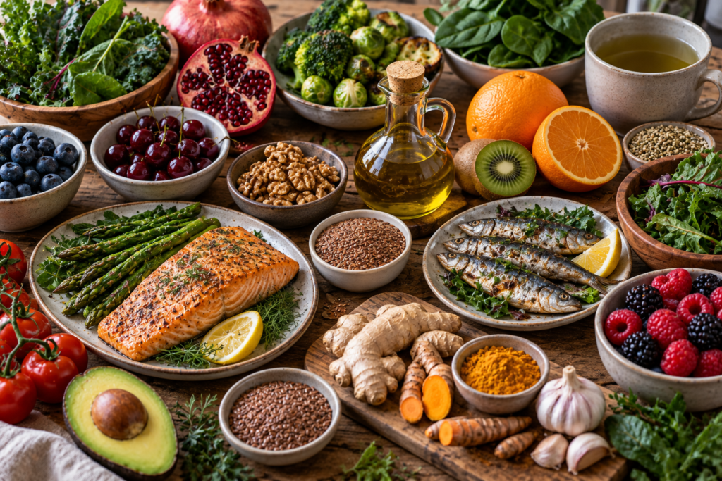Salmon, leafy greens, berries, vegetables, olive oil, nuts, seeds, ginger, turmeric, and other whole foods associated with an anti-inflammatory diet.