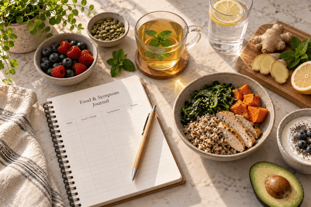 Flat-lay of a food journal, fresh whole foods, peppermint tea, and water representing IBS home remedies.