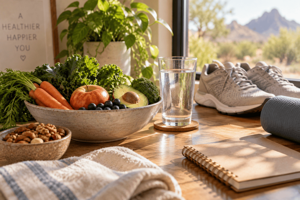 Fresh whole foods, a glass of water, and walking shoes by a sunlit window, suggesting immune-supporting habits.
