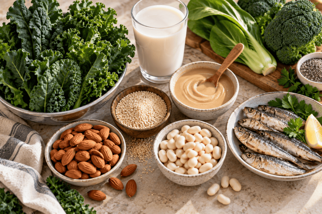 Calcium-rich foods including leafy greens, almonds, sesame, beans, sardines and plant-based milk.