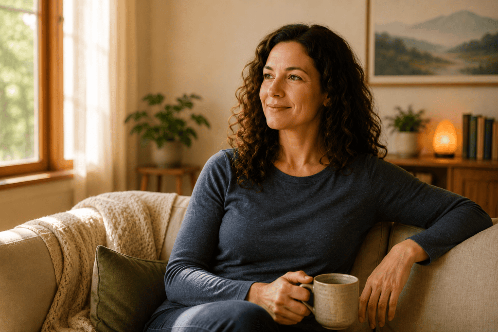 Person looking calm, relaxed, and at ease, the tension of stress lifted.