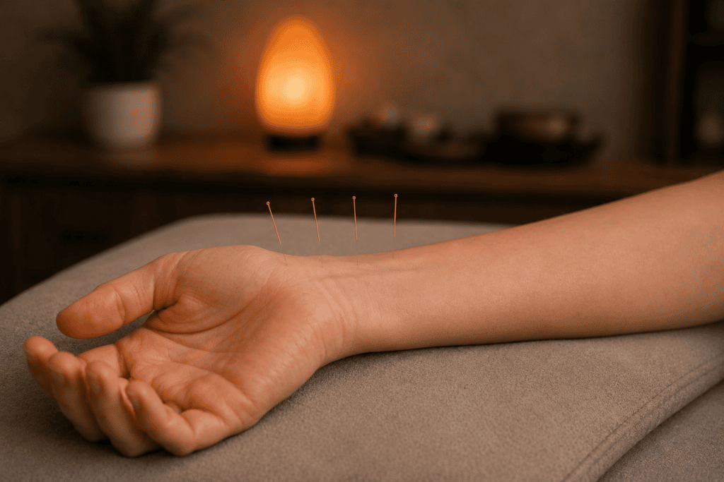 Close-up of fine acupuncture needles placed at calming points on a relaxed person's wrist.