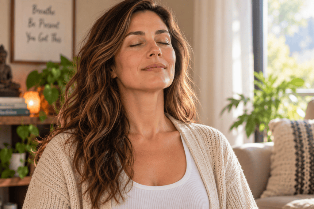 Person taking a slow, deep breath with a relaxed face and dropped shoulders, the body settling.
