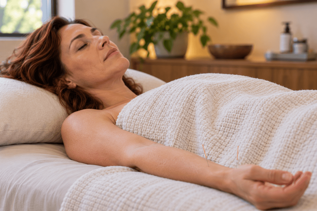 Patient resting peacefully during acupuncture in a quiet treatment room.