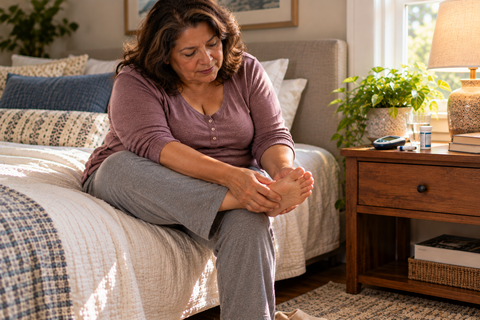 Person in their 60s seated on a bed examining the sole of a bare foot, a glucose meter on the nightstand.