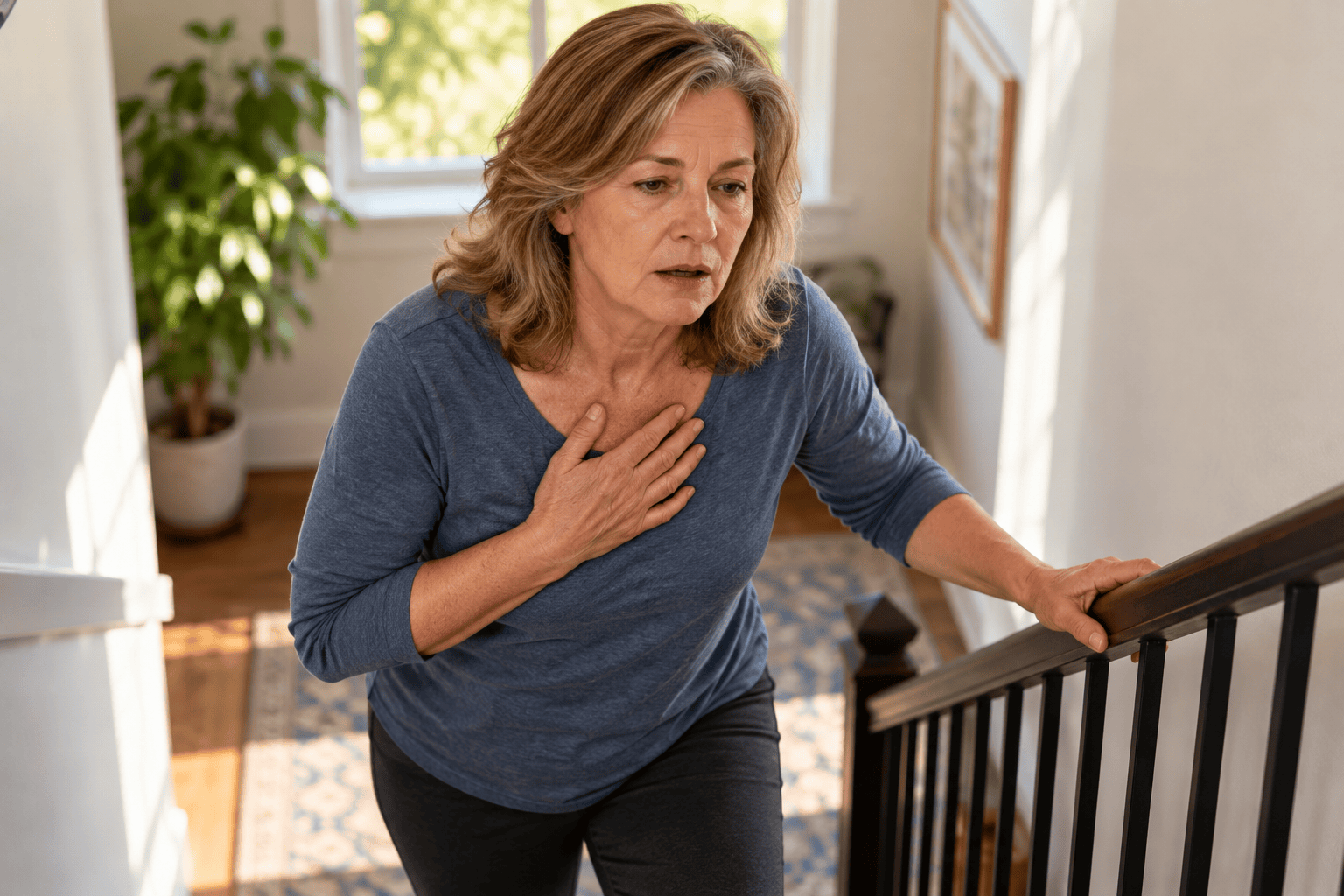 Person pausing on a staircase with a hand on the chest, catching their breath.