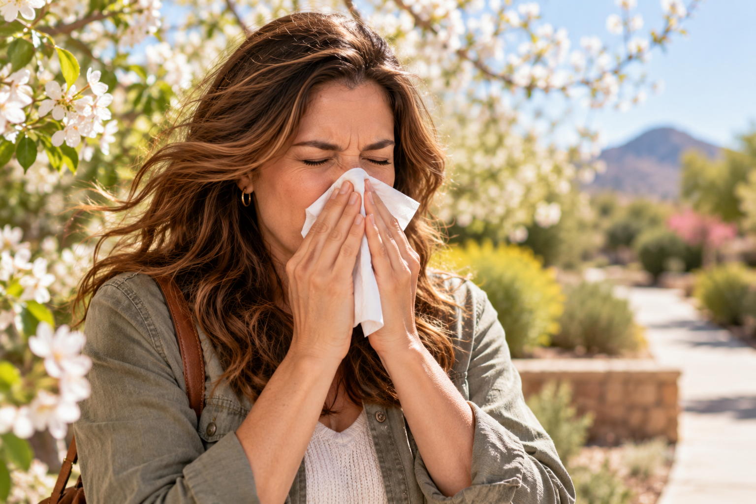 Person outdoors on a breezy spring day sneezing into a tissue, flowering trees behind them.