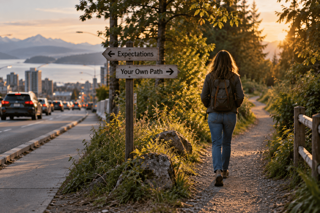 Person walking alone down a quiet side path branching away from a busy main road.
