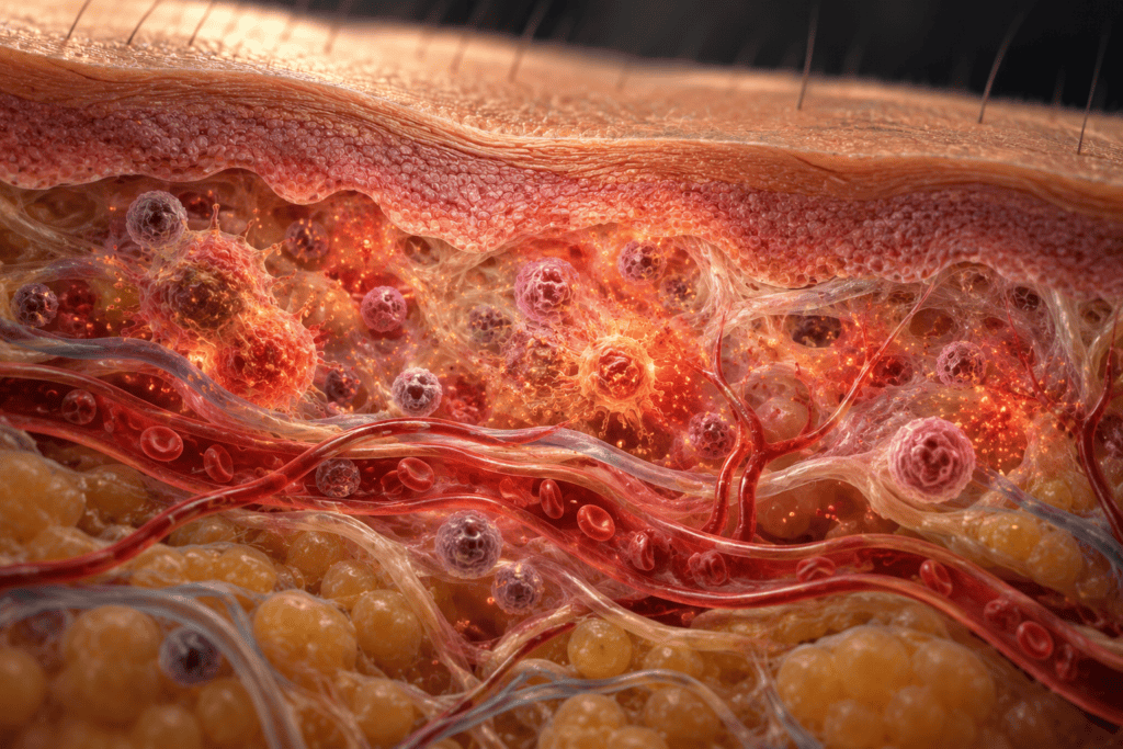 Biomedical visualization of persistent low-grade inflammatory activity occurring within otherwise intact human tissue.