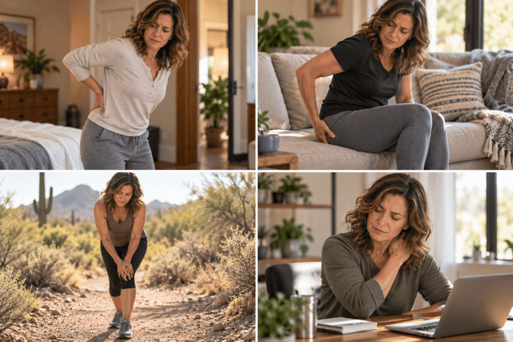Collage showing the same woman experiencing lower-back, sciatic, knee, and neck pain.