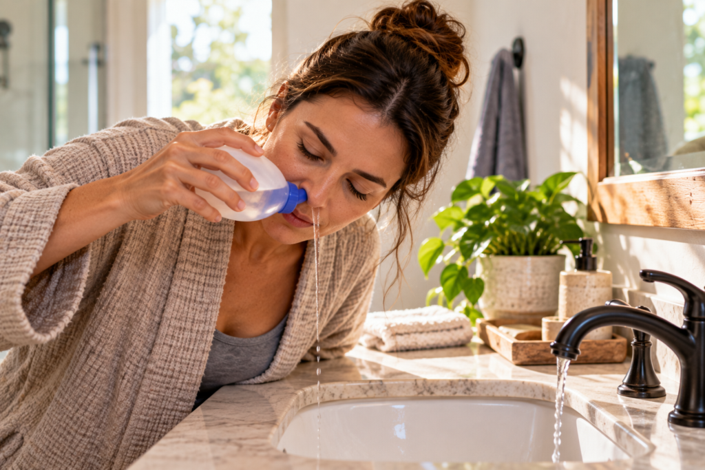Person using a saline nasal rinse bottle over a bathroom sink in soft morning light.