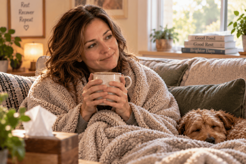 Person wrapped in a blanket holding a warm mug with both hands, comforted and on the mend.