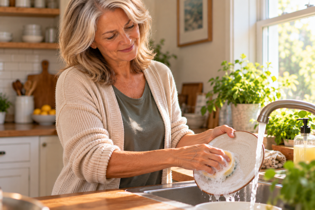 Woman smiling while comfortably washing dishes at a sunny kitchen sink after her hand symptoms improved.