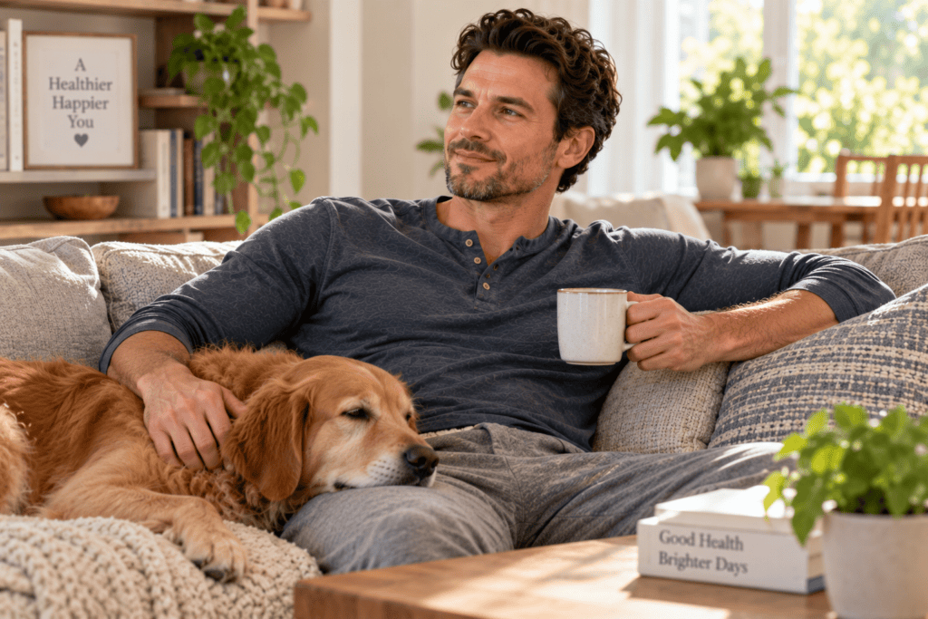 Person relaxed and comfortable at home with a settled belly and calm expression after bloating eased.