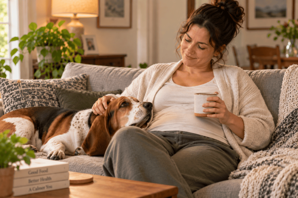 Person sitting relaxed and comfortable with a settled belly and calm expression after their bloating eased.