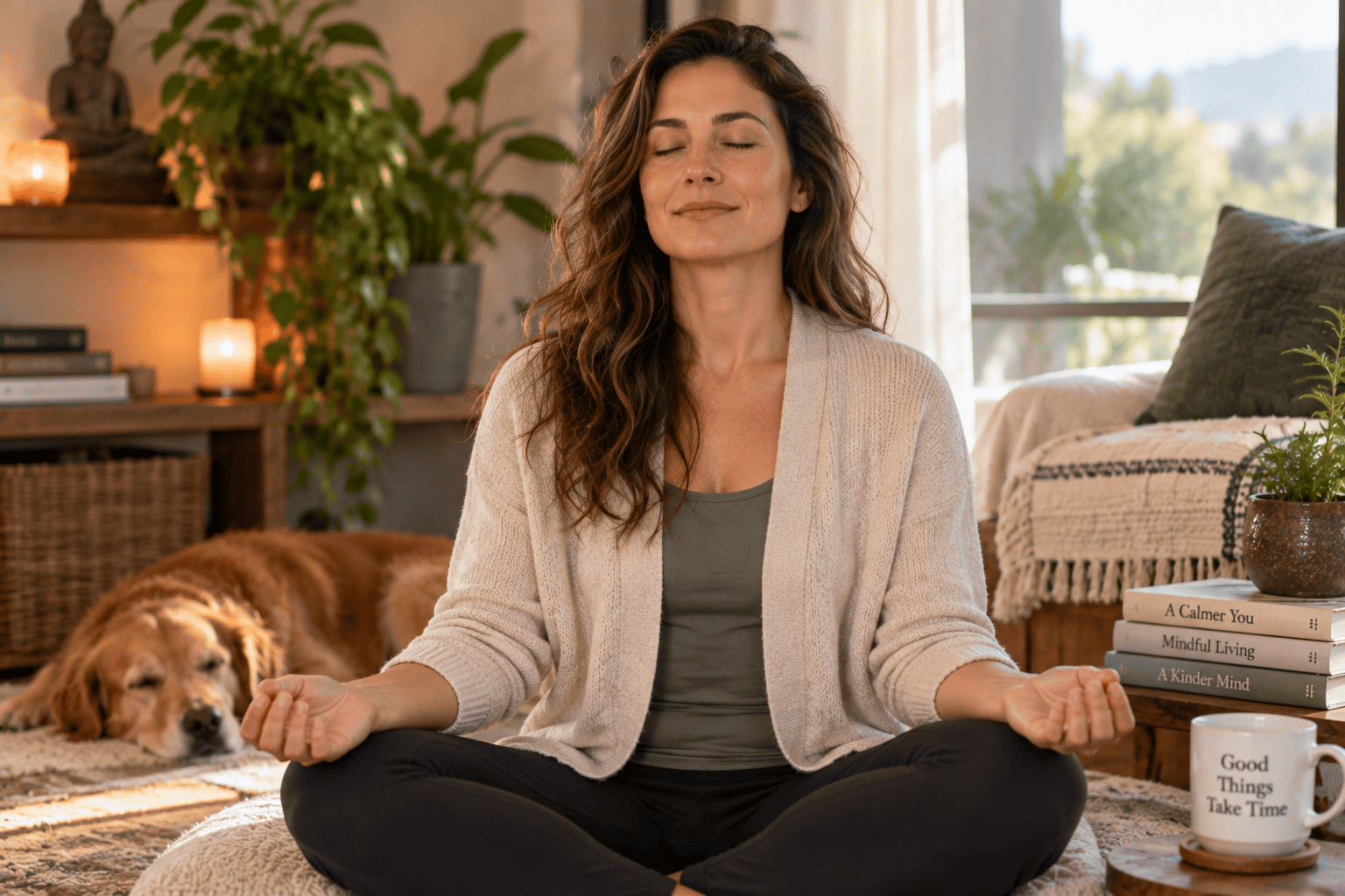 Person sitting with eyes gently closed in meditation, peaceful and settled in a calm, softly lit room.