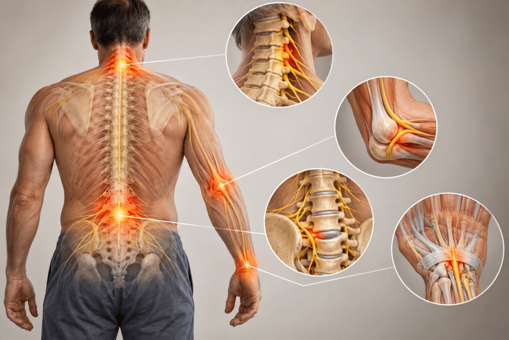 Anatomical illustration of a human figure with highlighted areas at the neck, lower back, elbow, and wrist.