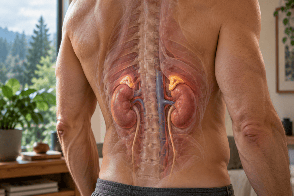 Anatomical visualization showing the adrenal glands positioned above the kidneys.