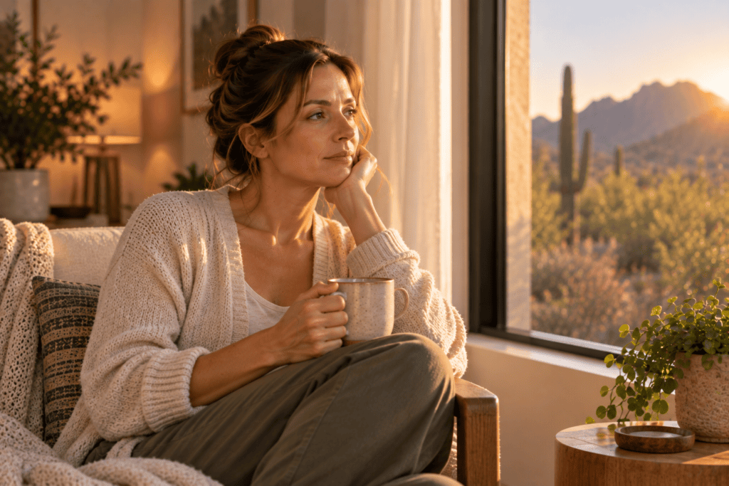 Woman sitting quietly and reflecting before reacting to an emotional situation.