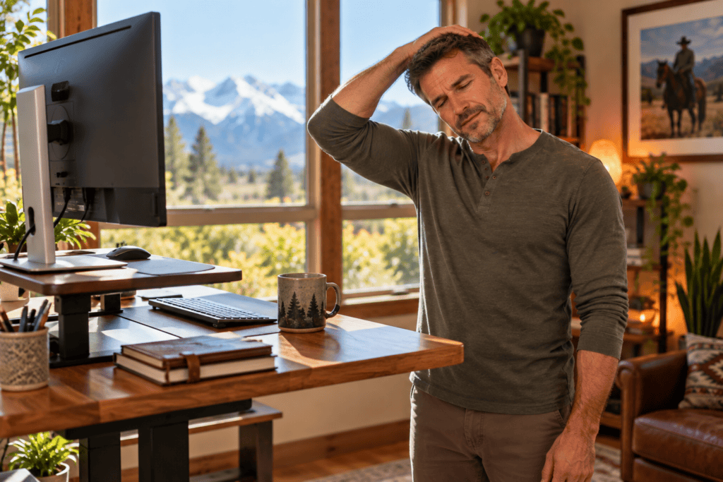 Person at a standing desk with the monitor at eye level, doing a gentle neck stretch.