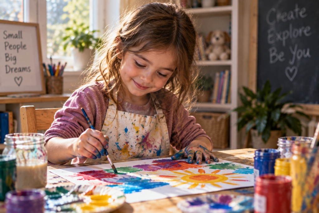 Young child happily absorbed in painting at a small table, paint on their hands.
